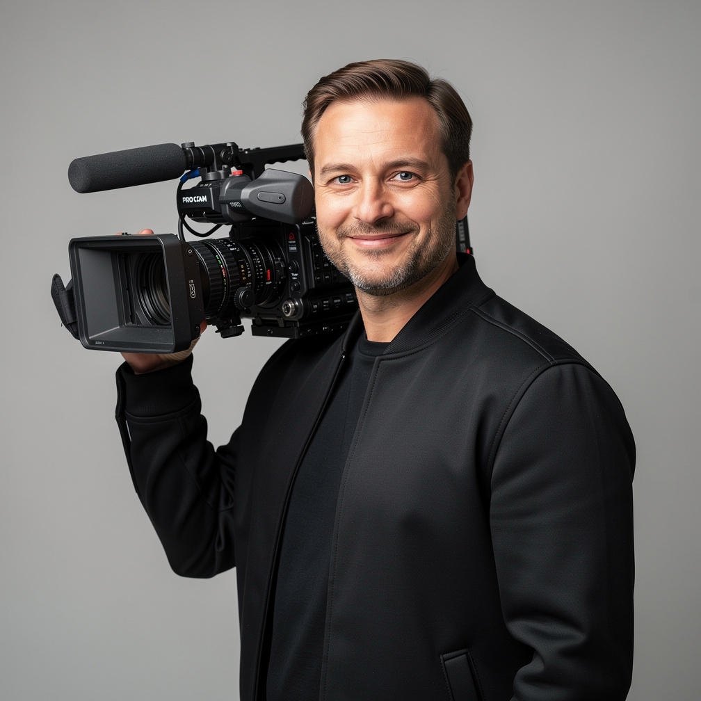 Studio portrait of a man camera operator holding a video camera