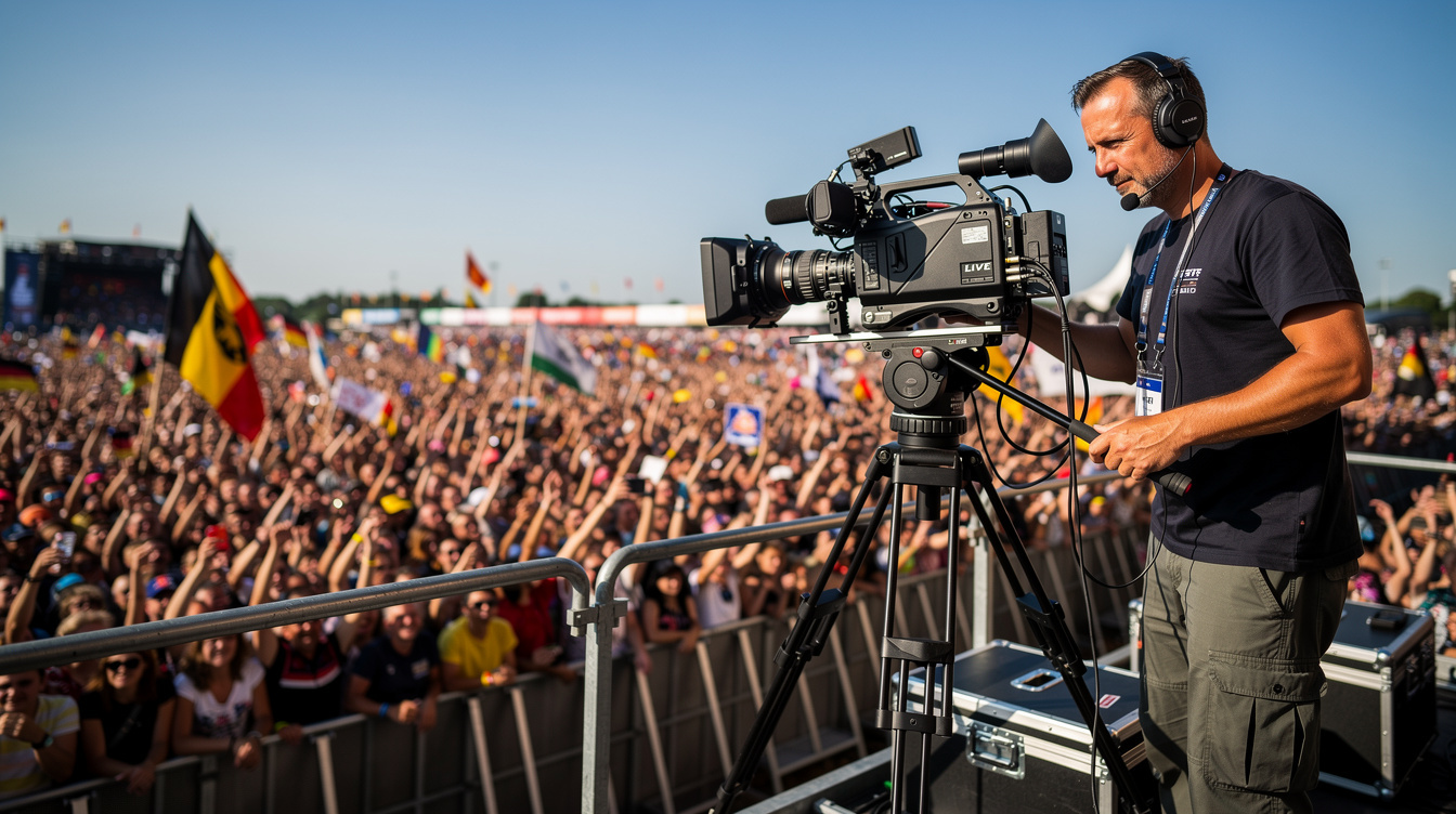 Camera operator filming a crowd from an elevated platform at a festival