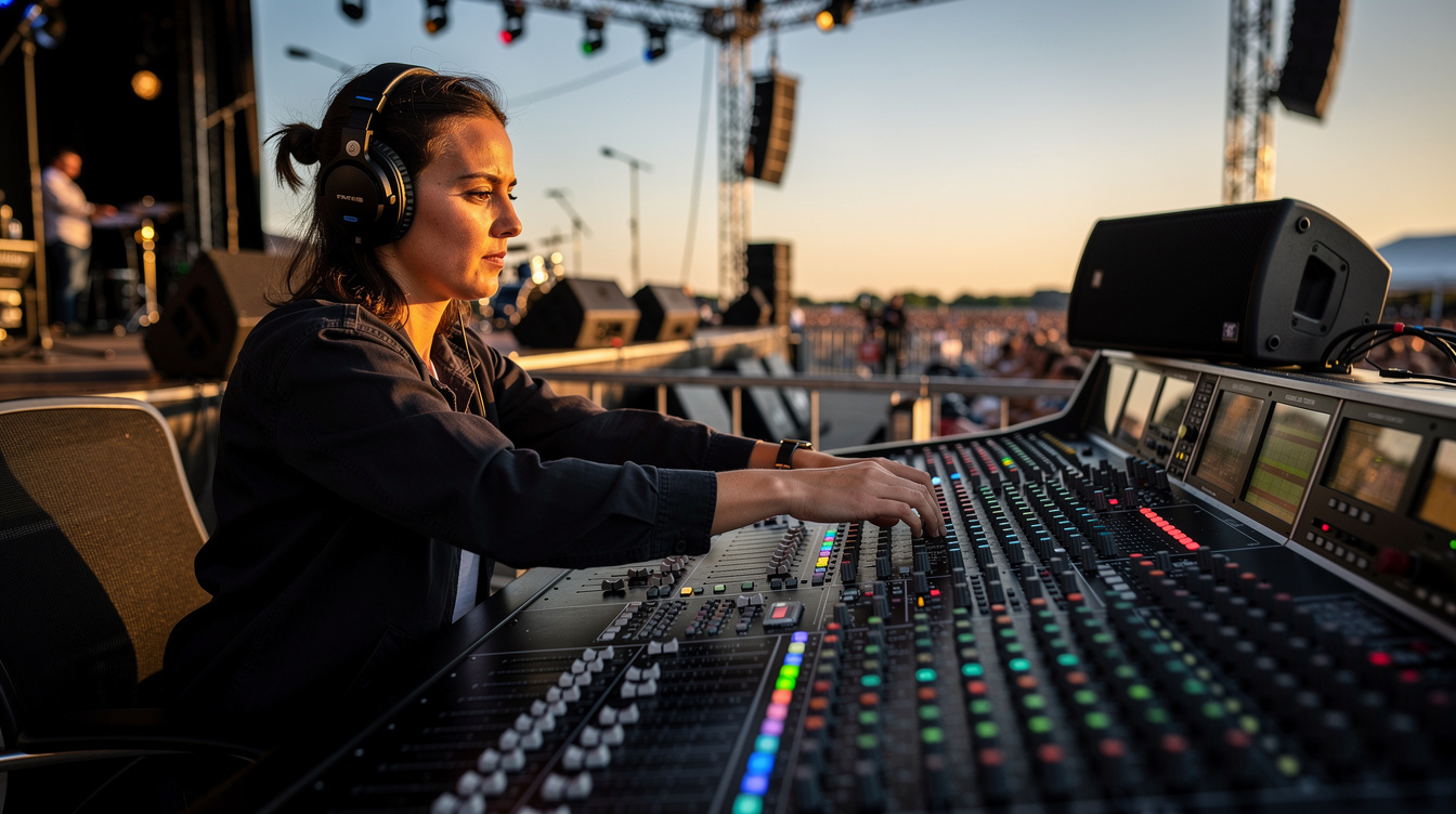 Sound engineer performing a soundcheck at a mixing desk before a concert