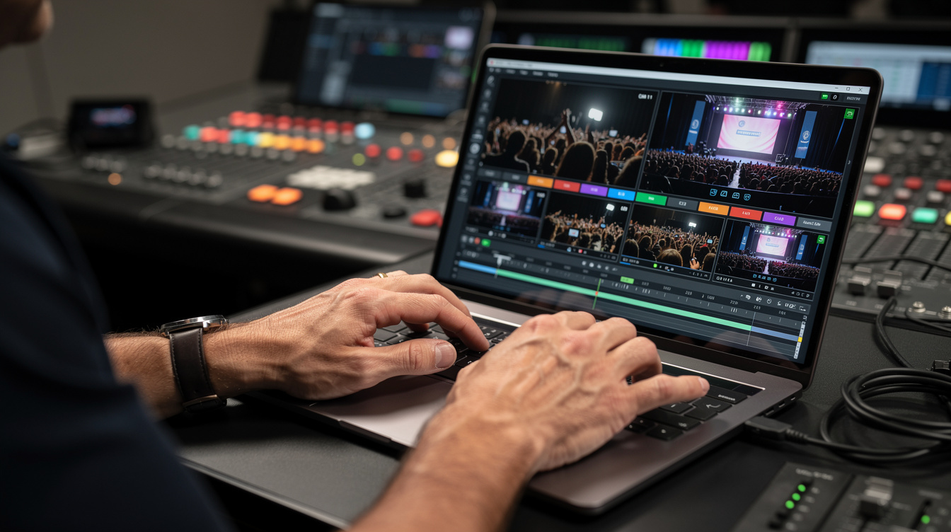 Hands typing on a laptop showing a live event camera feed dashboard