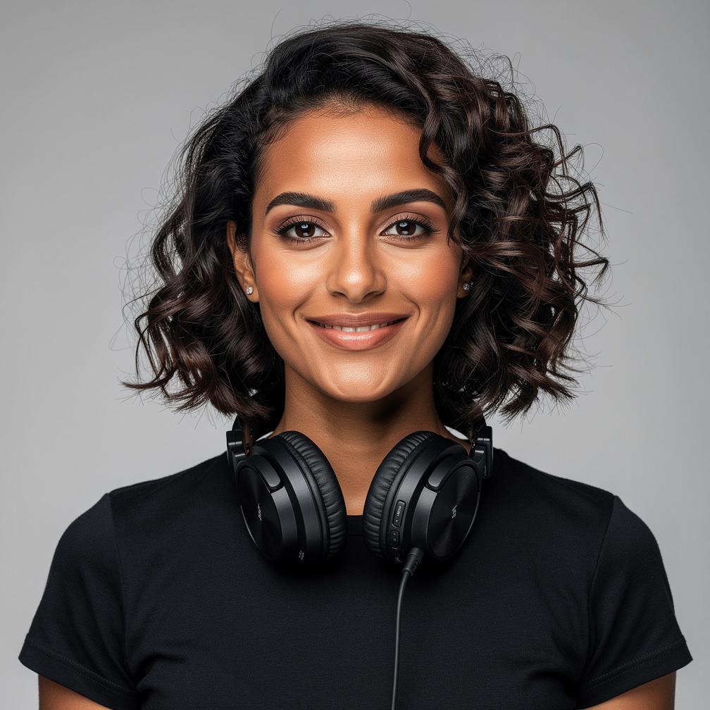 Studio portrait of a woman sound engineer at a mixing console