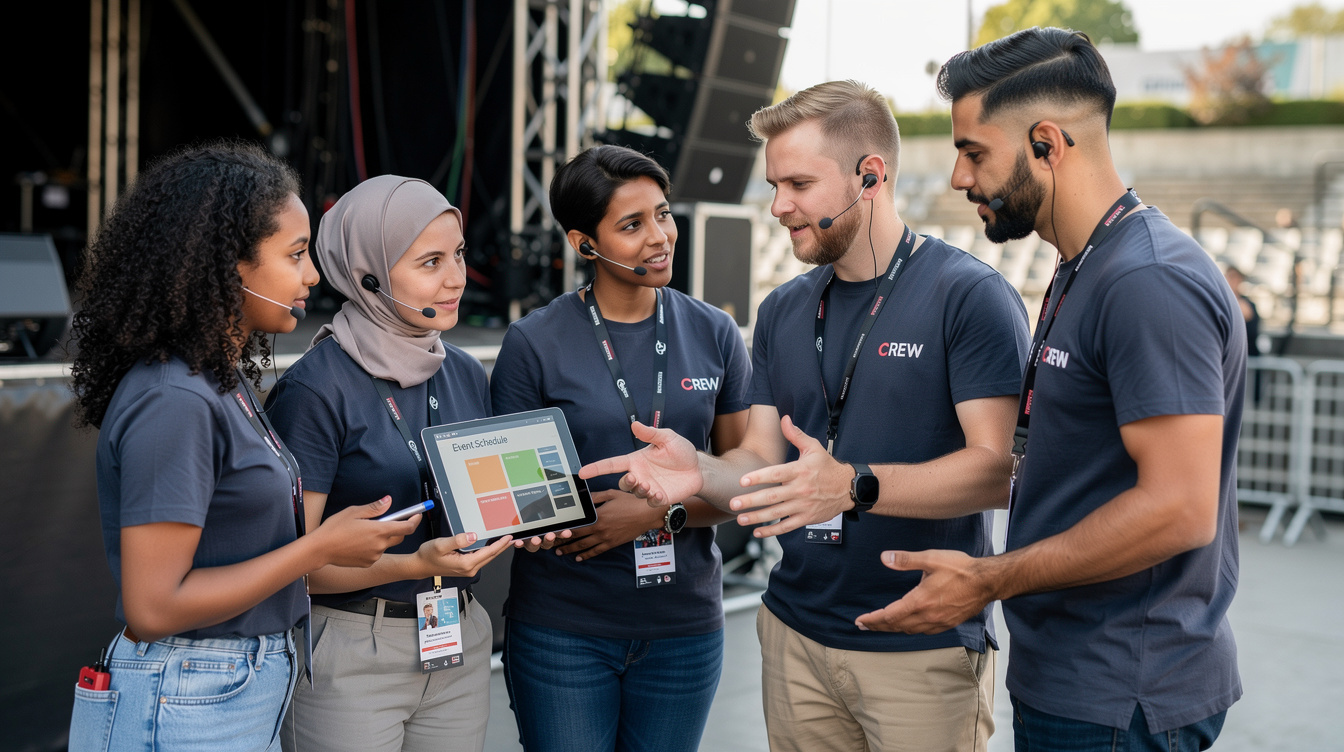 Diverse event production crew having a briefing before a public event