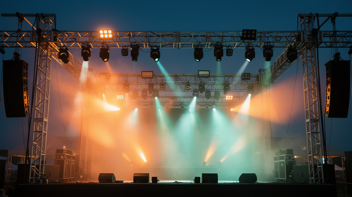 Colorful stage lighting truss and spotlights above an empty concert stage