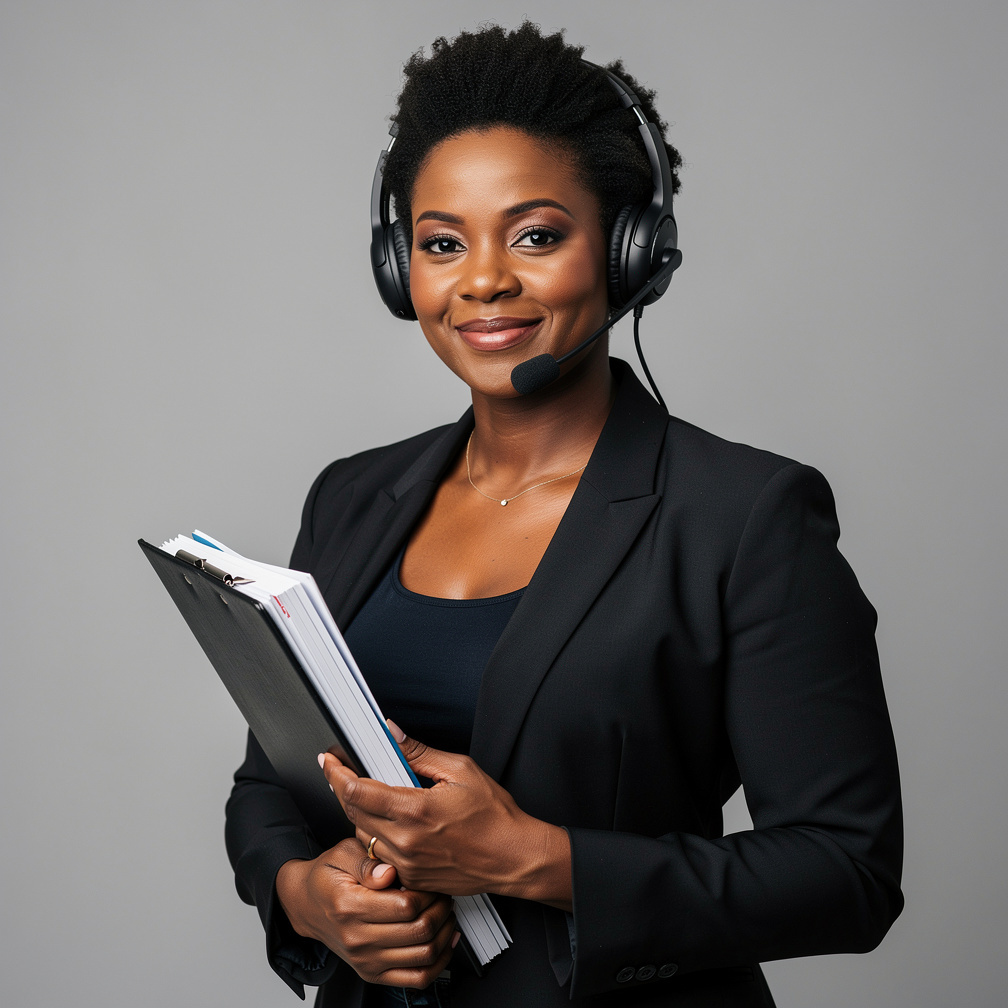 Studio portrait of a woman stage manager holding a clipboard and headset