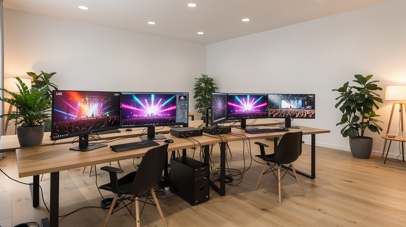 Modern production studio meeting room with monitors and desks