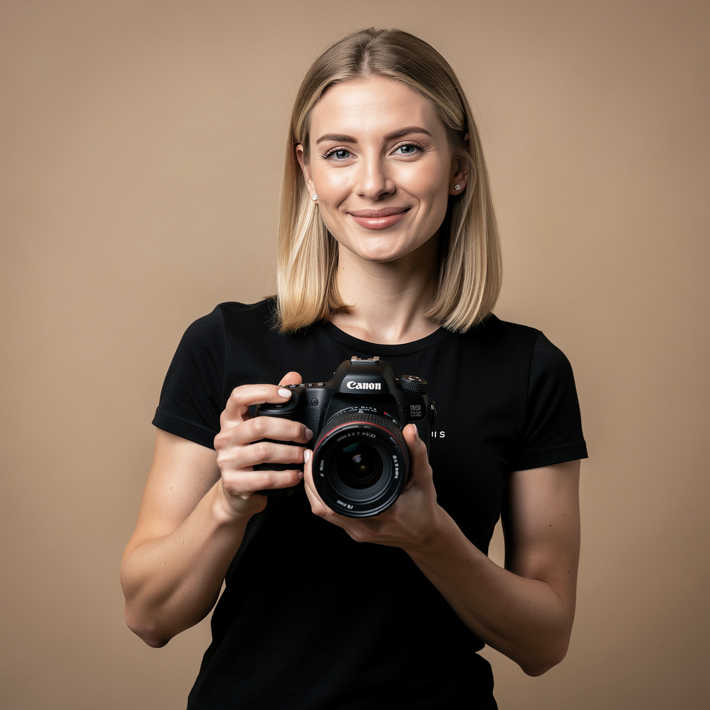Studio portrait of a young woman event photographer holding a camera